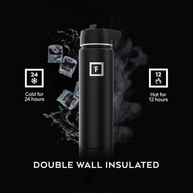 IRON °FLASK Camping & Hiking Hydration Flask with Straw, Wide Mouth Insulated Stainless Steel Sports Water Bottle - 40 oz Midnight Black | Insulated Stainless Steel Sports Water Bottle with Leakproof Straw Lid - BPA Free, Cold 24 Hrs, Sweat Free (Midni...