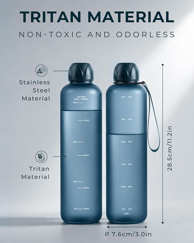 Slim Water Bottle 32 OZ with Stainless Steel Lid, Dishwasher Safe 1 Liter Plastic Water Bottle BPA-Free, Leakproof Lightweight with Time Marker, Reusable for Running School Sport Gym Travel Hiking