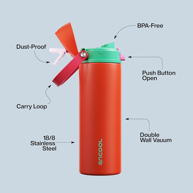 Insulated Water Bottle with Straw - Encool Stainless Steel Water Bottle with Push Button Lid, Leak-Proof & BPA-Free, Keeps Cold for 24 Hours for Sports, Travel, Gym (24 oz, Grapefruit Red)