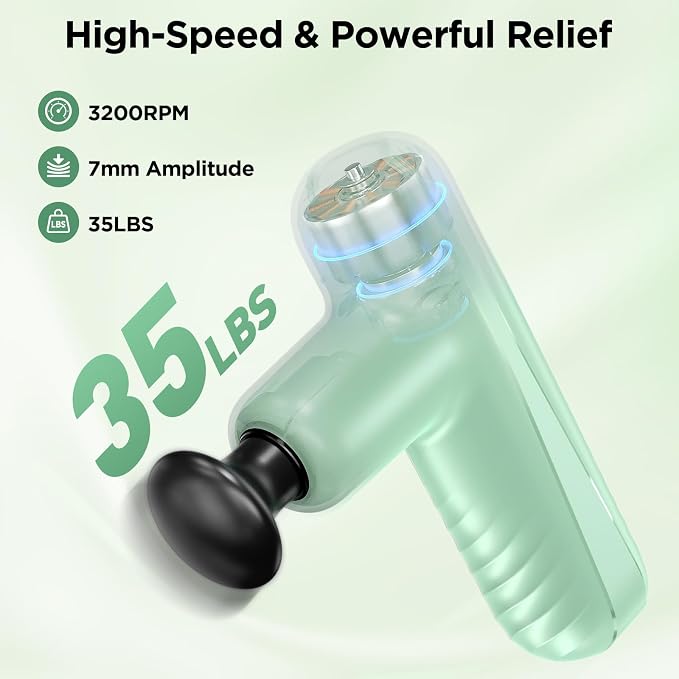 Mini Massage Gun, Powerful Handheld Muscle Massager for Muscle Relaxation, Deep Tissue Percussion Small Massage Gun Travel Massager with 4 Massage Heads Silent Brushless Motor, Green
