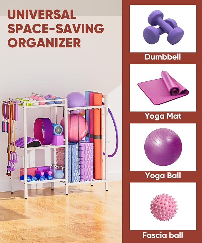 3 Tiers Dumbbells Yoga Mat Storage Rack with Elastic Straps for Kettlebells Foam Roller Resistance Bands Balls, Workout Equipment Organizer Weight Storage Holder with Hooks for Home Gym