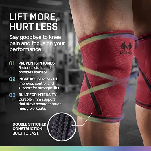 Modvel 7mm Neoprene Knee Sleeves for Men & Women Weightlifting & Powerlifting – Compression Knee Sleeve Support for Squats, Gym, Training – USPA, IPL Approved – Large Red (Pair)