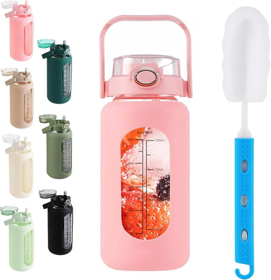 42 oz Glass Water Bottle with 2-in-1 Straw Lid Large Half Gallon Water Bottle with Time Marker & Removable Silicone Sleeve,Wide Mouth BPA-Free Borosilicate Bottle for Gym, Workout & Daily Use