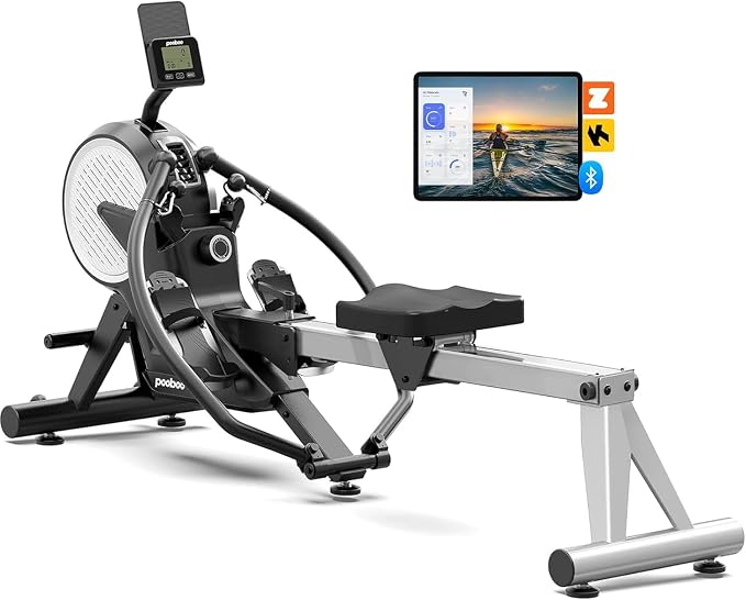 pooboo Dual Scull Rowing Machine with Wind and Magnetic Resistance | 400 LB weight capacity, 14 resistance levels, foldable design, quiet operation and app support for convenient home workouts