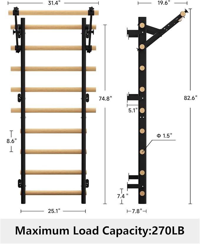 Swedish Ladder Wall Gym, Wooden Wall-Mounted Stall Bars with Pull-up Bar & Exercise Straps & Dip Bars, Stretching Ladder Full Body Home Gym Adults New
