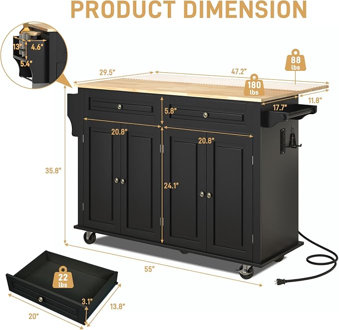 Hlivelood 55" Movable Kitchen Island with Drop Leaf and Power Outlet, Rolling Cart with Storage Cabinet, Island Table on Wheels for Kitchen with 2 Drawers, Spice Rack, Towel Bar, Garage Hook, Black
