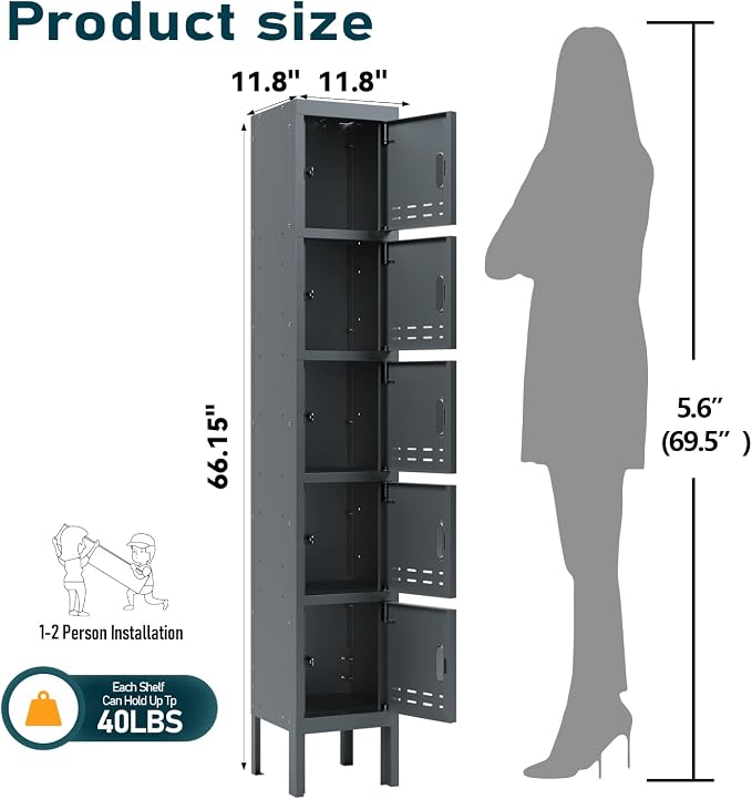 BUTISOW Metal Storage Locker with Lock & Card Slot Locker - Secure Lockable Door - Steel Locker for School, Office, Gym, Home - 66.15" H x 11.8" W x 11.8" (5 Door, Grey)
