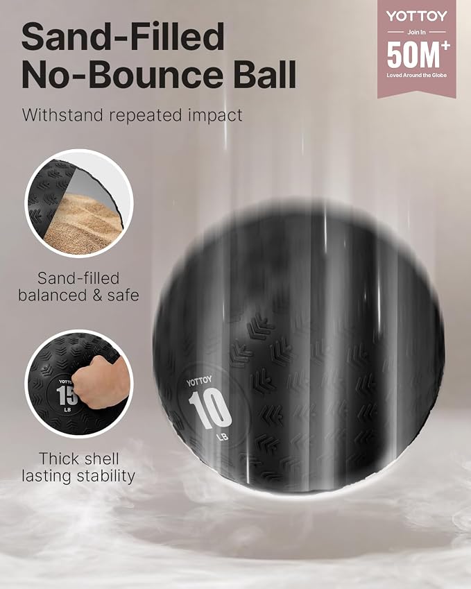 YOTTOY Slam Ball Medicine Ball, Sand-Filled No Bounce Weighted Ball with Textured Grip for Exercise, Strength Conditioning, Cardio, Core Workouts and Cross Training