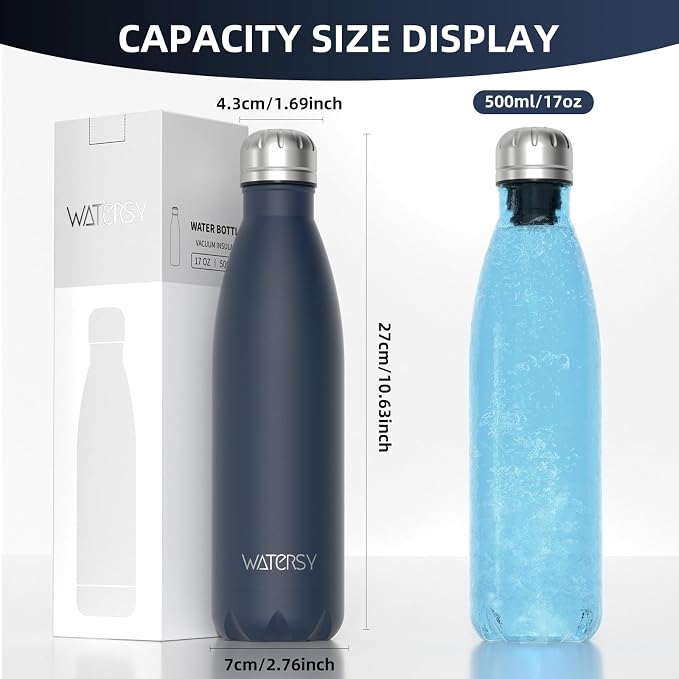 WATERSY Stainless Steel water bottles,17oz/500ml Insulated Water Bottle | Cobalt metal water bottle Keeps Drink Cold and Hot,Blue BPA Free kids water bottles for School,Gym,Travel,Sports