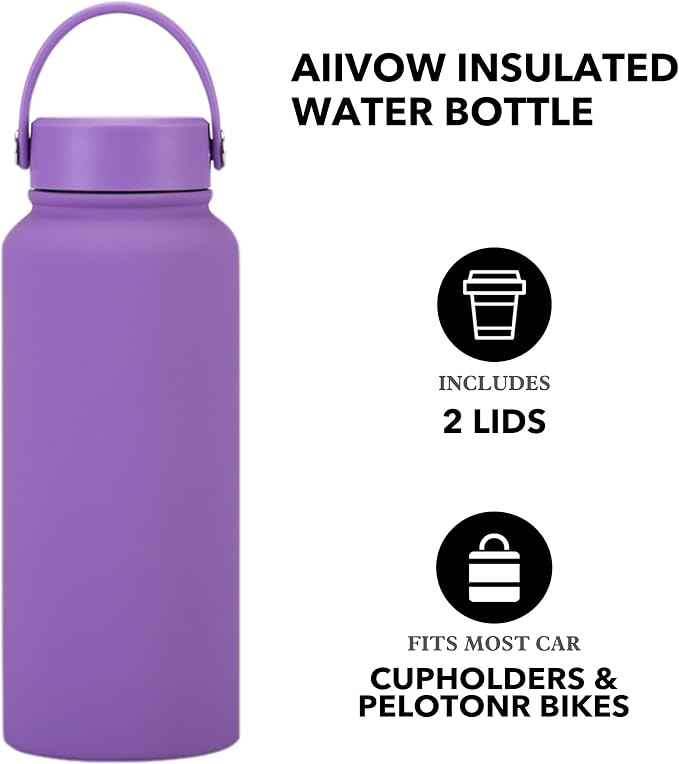 32 oz Insulated Metal Mens Water Bottle | Purple, Stainless Steel, 1 Liter, Leakproof, 2 Lids, Large Sports Water Bottle for Gym,Hiking