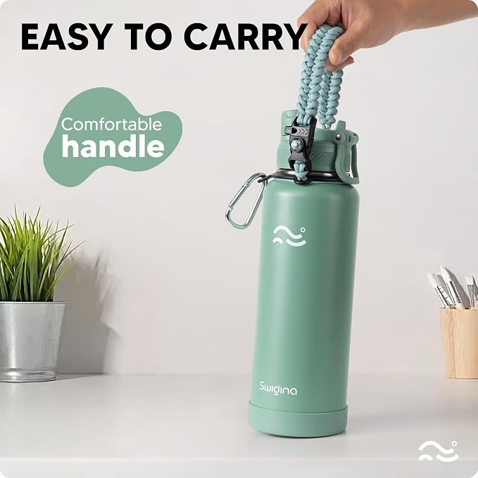 Swigina [2-IN-1 LID] Insulated Water Bottle with Silicone Boot (36hrs Cold/18hrs Hot) - DIY Stickers, Leakproof, BPA Free, 40 oz
