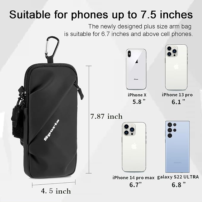 Phone Holder Arm Bands, Small Crossbody Shoulder Holsters Bag with Arm Band, Fits iPhone and All Cell Phones, Use for Running, Walking, Hiking & Biking (Plus Size,Black)