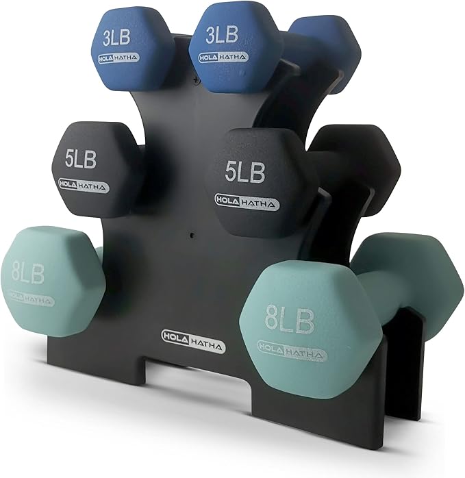 HolaHatha 1, 2 and 3 lb Neoprene Dumbbell Strength Training Weight Set with Rack