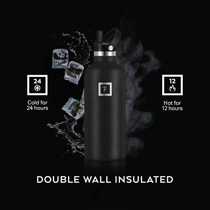 IRON °FLASK 32 oz Narrow Mouth Water Bottle with Straw | Insulated Stainless Steel Sports Water Bottle with Leakproof Straw Lid - BPA Free, Cold 24 Hrs, Sweat Free (Midnight Black)
