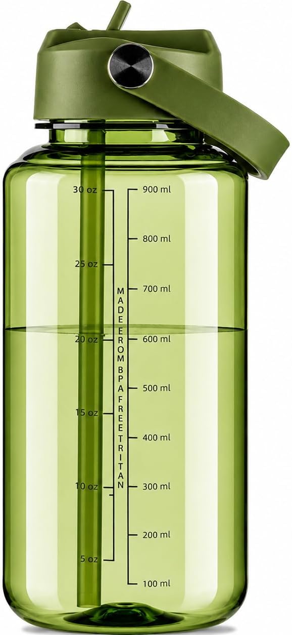 OLDLEY 32oz Water Bottle with Straw,Leakproof Tritan Clear Bottle with Marked Bottle and Carry Handle, BPA-Free Wide Mouth Reusable Sports Bottle for Gym,Hiking,Camping,Travel,Workout,Army Green