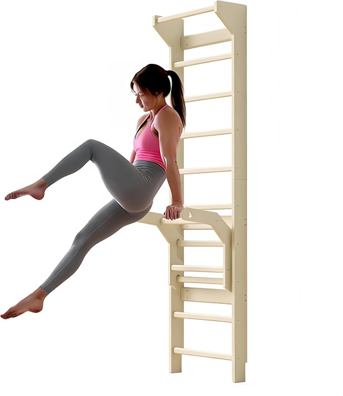 Swedish ladder wall gym adult & Pull Up Bar Gymnastics Bar – Ultimate Wall Bars for Exercise with Adjustable Dip Bar Attachment,Moves wall bars, Wood Stall Bars for Home, Calisthenics, Physical Therapy and Kids Training