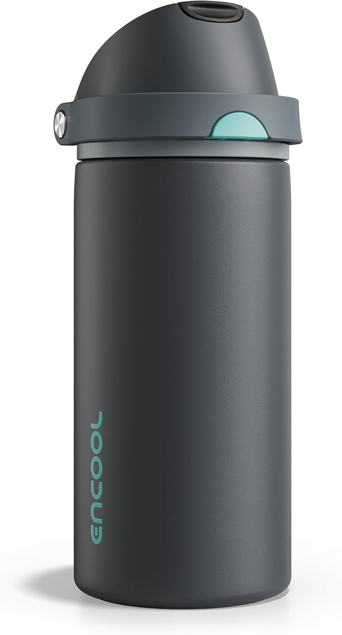 Insulated Water Bottle with Straw - Encool Stainless Steel Water Bottle with Push Button Lid, Leak-Proof & BPA-Free, Keeps Cold for 24 Hours for Sports, Travel, Gym (18 oz, Tuna Grey-Green)