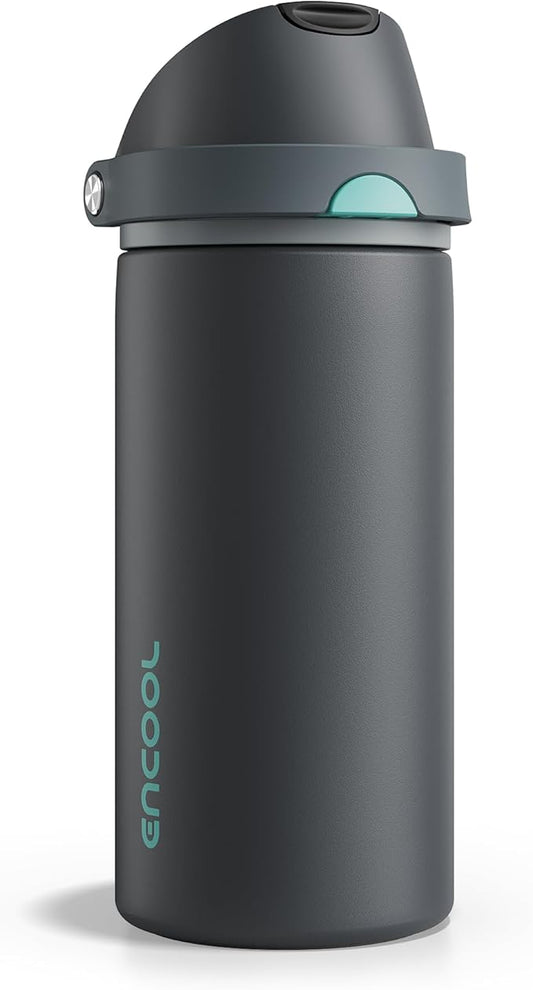 Insulated Water Bottle with Straw - Encool Stainless Steel Water Bottle with Push Button Lid, Leak-Proof & BPA-Free, Keeps Cold for 24 Hours for Sports, Travel, Gym (18 oz, Tuna Grey-Green)