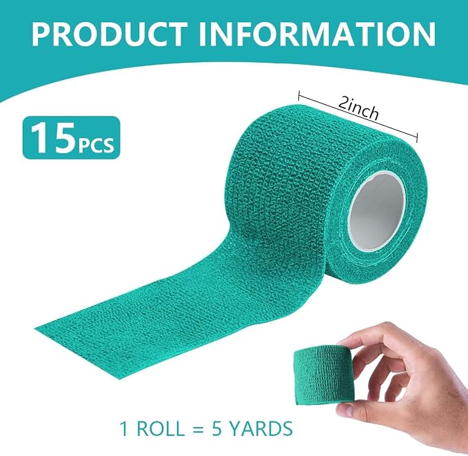KISEER 15 Pack 2 Inch x 5 Yards Green Self Adhesive Bandage Breathable Cohesive Bandage Wrap Rolls Elastic Self-Adherent Tape for Stretch Athletic, Sports, Wrist, Ankle