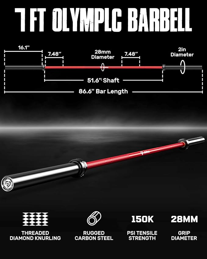 PB01 7FT Olympic Barbell, Weight Bar with Knurled Grip for Squats, Deadlifts, Weightlifting, Strength Training, Bench Press, Fits 2-inch Standard Weight Plates, 1500LB Capacity