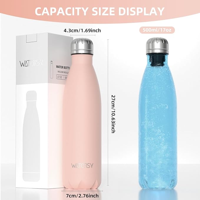 WATERSY Stainless Steel water bottles,17oz/500ml Insulated Water Bottle | Pink metal water bottle Keeps Drink Cold and Hot,BPA Free kids water bottles for School,Gym,Travel,Sports