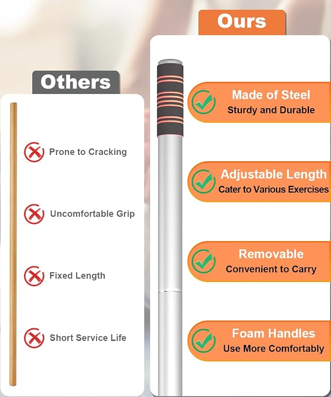 Queension 5ft Yoga Stick Adjustable Stretching Bar for Mobility & Balance | Heavy-Duty Steel Multi-Functional Fitness Pole with 4 Steel Rods & Comfort Foam Grips