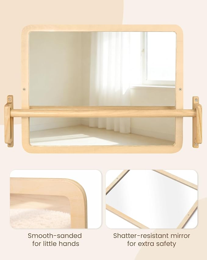 Montessori Mirror with Bar – Adjustable Baby Pull Up Bar, Anti-Rotation Design & Acrylic Safety Baby Mirror for Wall – Tummy Time, Pull to Stand Toys for Infant Toddler Nursery