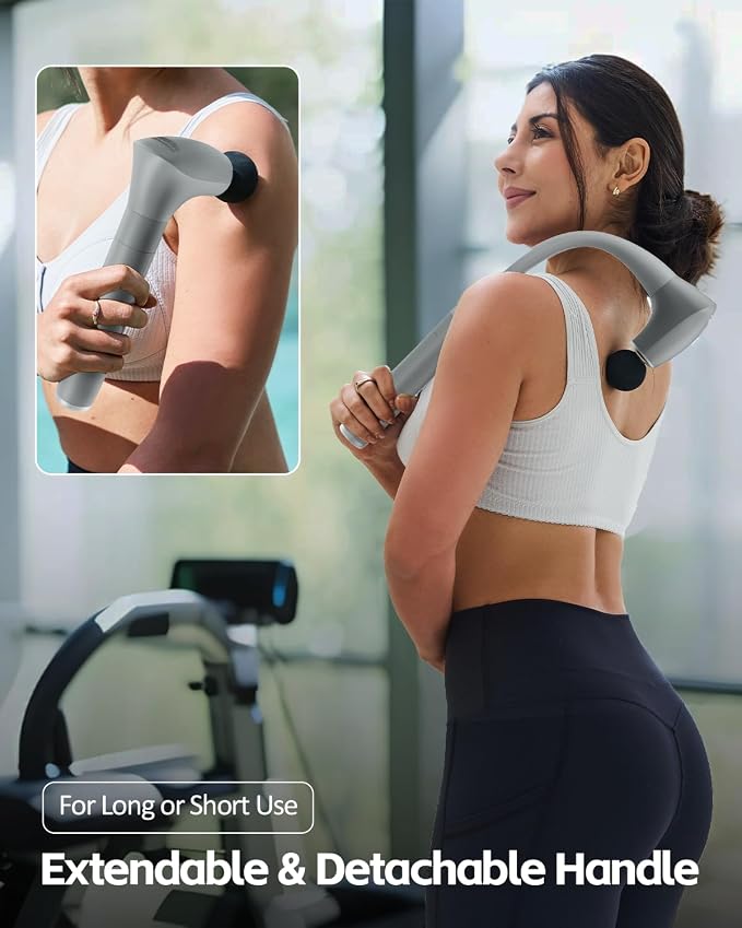 2-in-1 Detachable Massage Gun Deep Tissue with Extension Handle, Grey | Handheld Percussion Massager For Back Neck Arm Shoulder Waist, At Home Office Car Travel,Gifts For Women Men,FSA-HSA Eligible