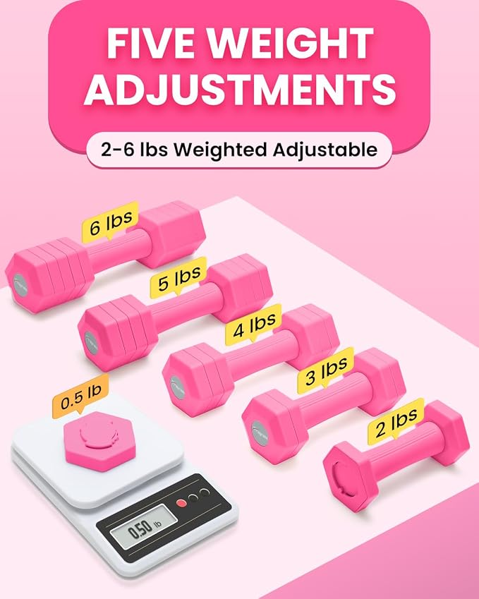 Adjustable Dumbbells Set, 4 in 1 Hand Weights Set for Women Men 10 LB/ 12 LB Dumbbell Pair Each 2lbs 3lbs 4lbs 5lbs Weights Dumbbells Set with TPU Soft Rubber Handle for Home Gym Exercise Fitness