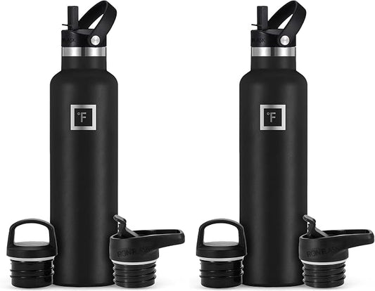 IRON °FLASK Camping & Hiking Hydration Flask with Straw, BPA-Free Insulated Stainless Steel Sports Water Bottle - 24 oz Midnight Black (Pack of 2)