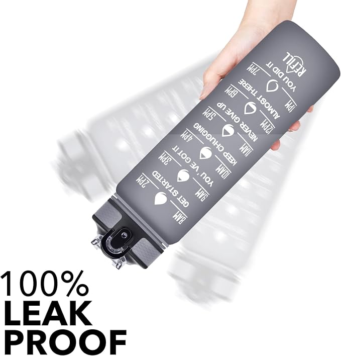 Hyeta Water Bottle with Straw & Time Marker, Plastic 32oz Leakproof | Motivational Tritan BPA Free Gym Office Outdoor Intake Tracker Hourly Reminder Straw Lid Carry Strap