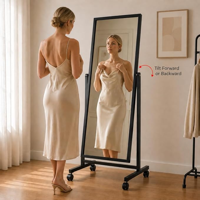 Swivel Adjustable Full Length Mirror on Wheels, 65"x22" Mobile Wood Frame Cheval Bedroom Free Standing Floor Mirror with Stand, Tiltable, Easy to Move (Black-65 x22)
