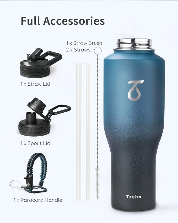 Trebo 40 oz Water Bottle Insulated Fit in Any Car Cup Holder with 2 Lids | Stainless Steel T-shape Tumbler with Paracord Handle, Triple Wall Vacuum Copper Plated, Cold 48 Hrs for Travel, Wide Mouth