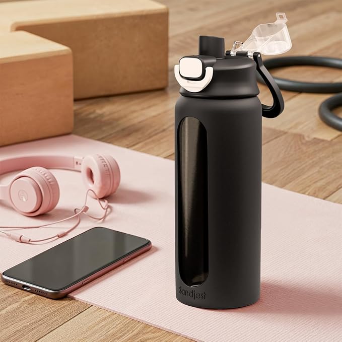 SANDJEST Glass Water Bottle with Silicone Sleeve 24oz with Lid, Motivational Time Marker, Drinking Hydration Glass Bottles for Men Women, Gym Travel Sports (Black)