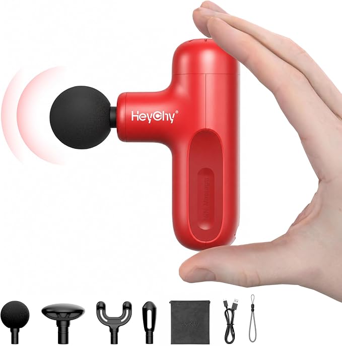 HEYCHY Super Mini Massage Gun Deep Tissue, Handheld Muscle Massager with 4 Heads, Percussion Travel Size Massager Gun FSA Eligible for Men Women Back Relief, Quiet for Home, Gym, Office, HSA, Red | 4 Heads for Back, Neck, Legs Muscle Relief, Portable f...