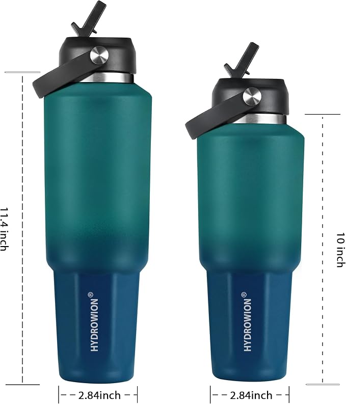 HYDROWION 40 oz Insulated Water Bottle, Car Water Bottle Holder - Double Wall Vacuum Insulated Travel Bottle with Straw Lid, Spout Lid and Flex Cap - Cold for 24H, Hot for 12H, Blue - Lake Green