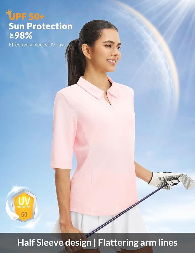 baleaf Womens Golf Shirts Half Sleeve Elbow Length Polo Tops | Stretch, Sun Protection UPF 50+, Quick Dry, Breathable, Moisture Wicking, Quarter Zip V Neck, Ideal for Golf Work Casual