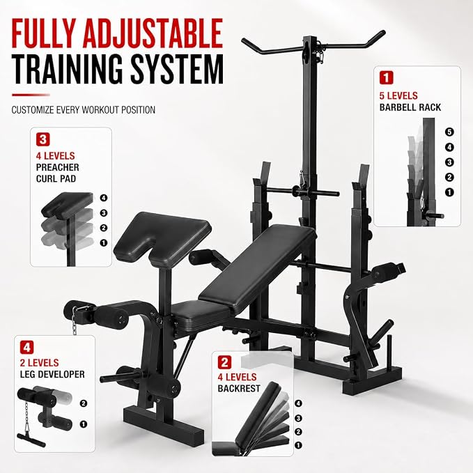 Garvee 8 in 1 Adjustable Weight Bench Set, Lat Pulldown & Leg Extension Foldable Bench Press Set with Preacher Curl Pad, Chest Fly, Leg Curl, Rack, Full Body Home Gym Strength Training Equipment