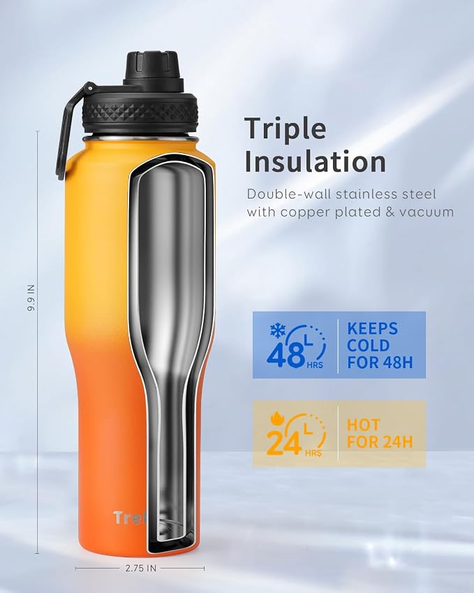 Trebo 32 oz Water Bottle Insulated Fits in Any Car Cup Holder with 2 Lids | Stainless Steel T-shape Tumbler with Paracord Handle, Triple Wall Vacuum Copper Plated, Cold 48 Hrs for Travel, Leakproof