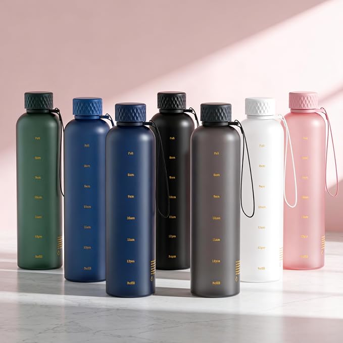 Sursip Slim Water Bottle 32 oz, Leakproof with Time Marker and Strap | Lightweight, BPA-free reusable plastic bottle fits cup holders and is dishwasher safe for gym, school, sports and travel.