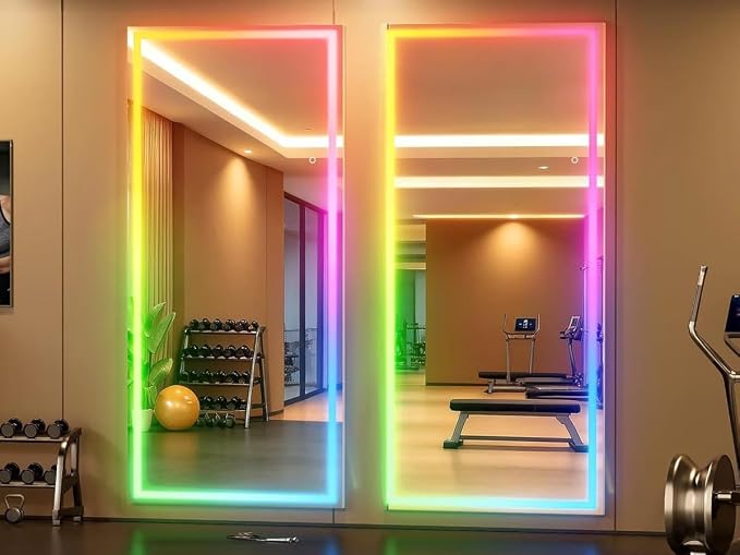 Hasipu 83"x35" LED RGB Bluetooth Home Gym Mirror Full Length with Lights, Wall Mount & Free Standing Full Body Mirror for Bedroom Workout Yoga, Detachable Stand, 7 Color & Brightness Adjustable