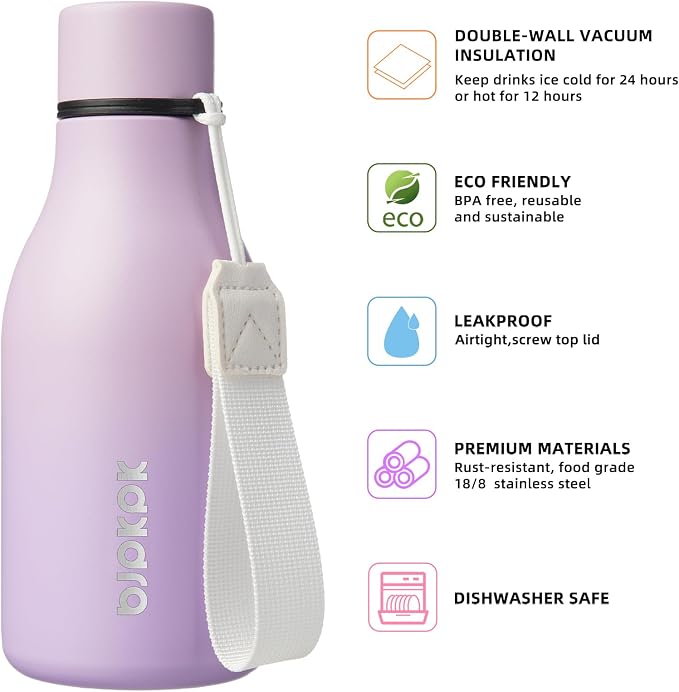 BJPKPK 12oz Insulated Water Bottle, Stainless Steel Bottle with Carry Strap | Keep Cold & Hot Vacuum Insulation, Leak-Proof BPA-Free Design, Slim Bottle Fits Most Cup Holders for Gym, Office & Travel