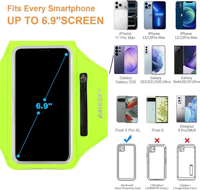 Running Armband with Earphone Pouch Fits Phones up to 6.9" | Cell Phone Armband for iPhone, Water Resistant & Breathable Sports Phone Holder & Zipper Pocket Car Key Holder for Jogging