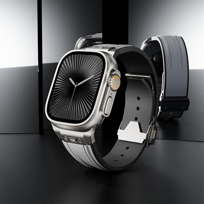 Luxury Watch Band for Apple Watch Ultra 2/Ultra 49-42mm | Metal Connector & Folding Clasp,316L Stainless Steel,Men Silicone Strap Compatible with iWatch Series 10 9 8 7 6 5 4 3 2 1 SE