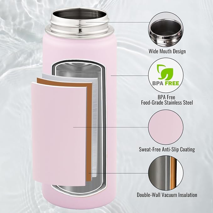 Fijinhom Insulated Water Bottle with Handle, 304 Stainless Steel Water Bottles with Wide Mouth, Double Wall Vacuum Sports Water Bottle, BPA Free, Keep Cold and Hot, 18 Ounces, Pink