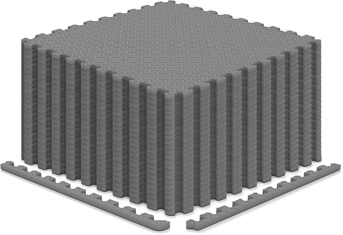 Tangkula 24 Tiles Exercise Flooring Mats with Border, Non-Slip EVA Foam Protective Mats, Elastic Puzzle Play Mats, 1/2" Interlocking Floor Mats for Home Gym, Fitness Room, Workshop Equipment (Gray)