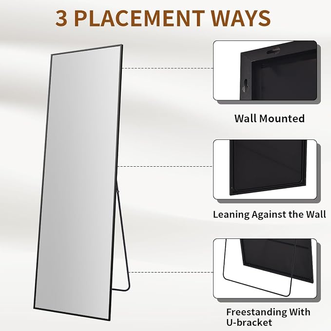 VooBang Mirror Full Length, 18" x 58" Floor Mirror with Stand | Aluminum Alloy Frame Full Body Mirror, Standing Hanging or Leaning Against Wall for Bedroom and Living Room, Black