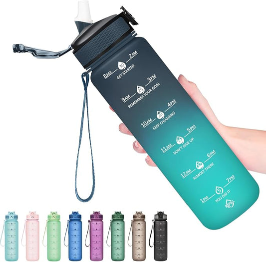 Hyeta Plastic Water Bottle With Straw & Time Marker, 32oz Leakproof Jug | Motivational Tritan BPA Free Gym Office Outdoor Intake Tracker Hourly Reminder Straw Lid Lightweight