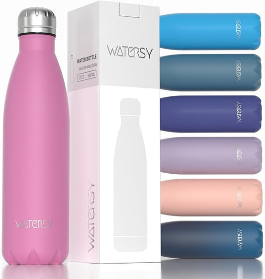 WATERSY Stainless Steel water bottles,17oz/500ml Insulated Water Bottle | Gloss Pink metal water bottle Keeps Drink Cold and Hot,BPA Free kids water bottles for School,Gym,Travel,Sports