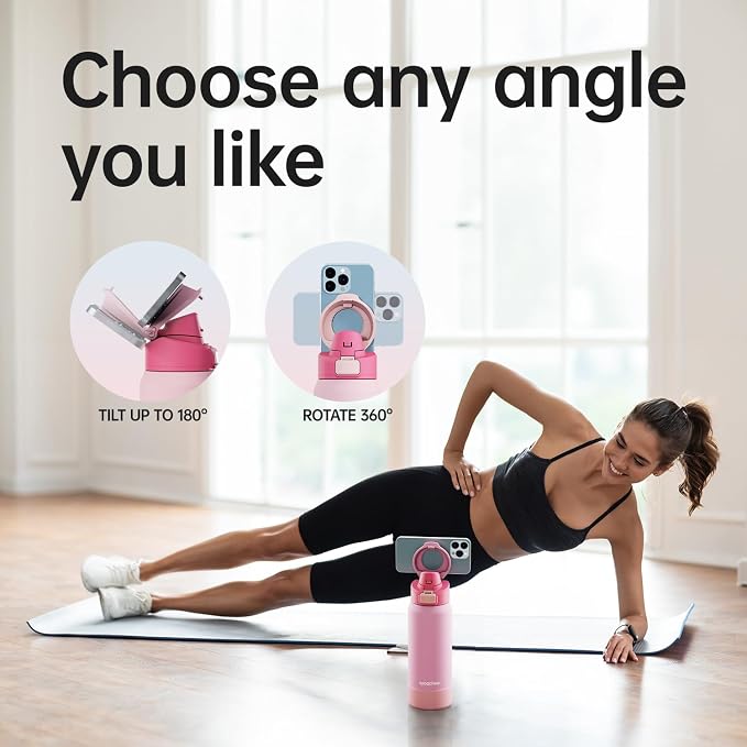 Insulated Magnetic Water Bottle - Reusable Stainless Steel Bottle with MagSafe Compatible Phone Holder - Keeps Cold for 24 Hours - Perfect for Gym, Sports, and Travel - Pink 24oz